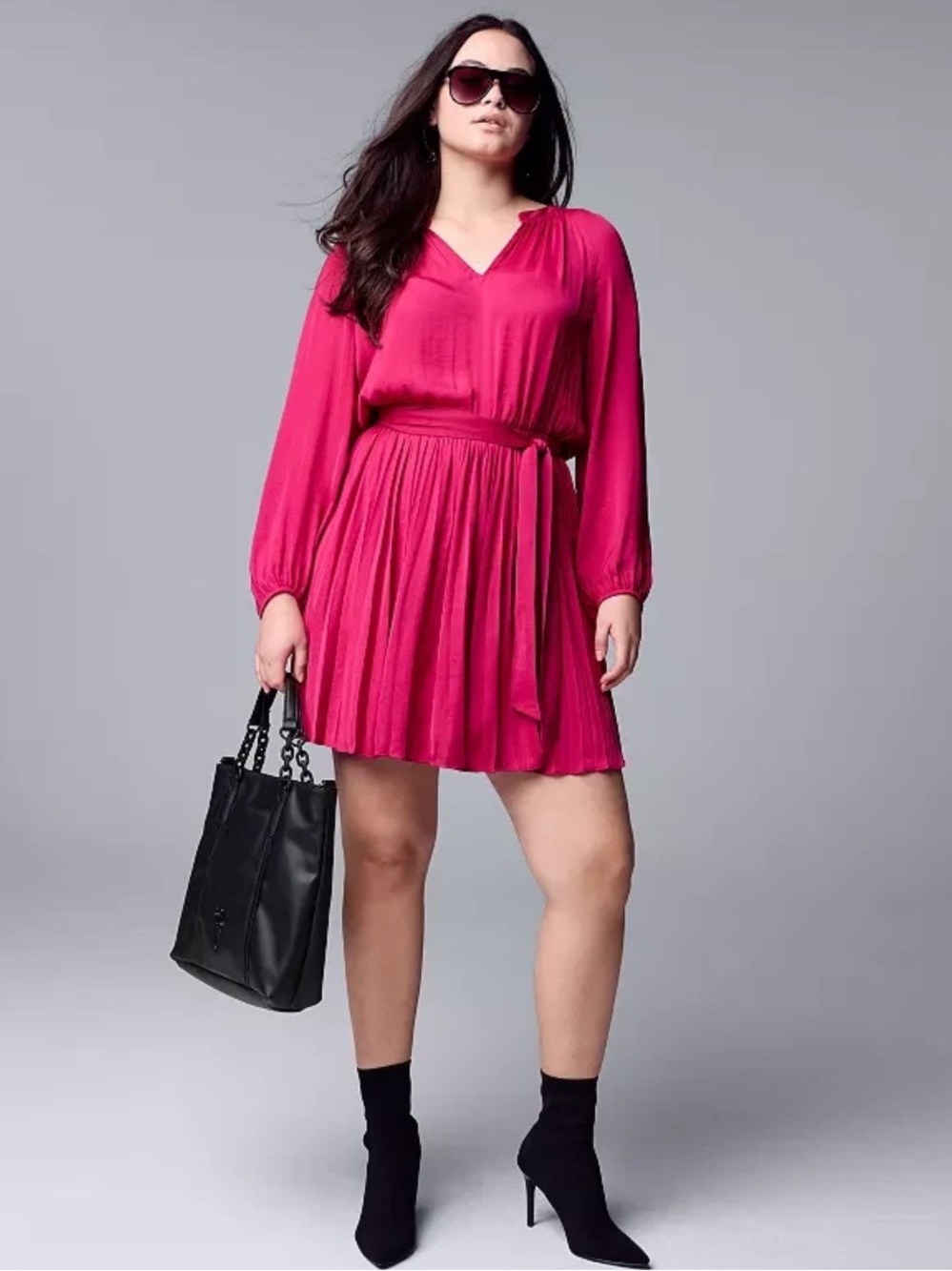 Simply Vera Women’s Fuchsia Long-Sleeve Tie-Waist pleated skirt Dress XL